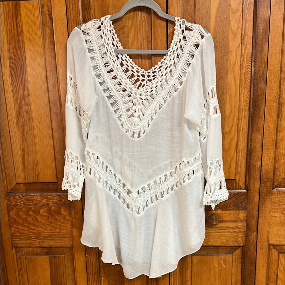 LA Class Crocheted Double V-Neck Oversized White Sheer Crepe Longline Top NWT M - Picture 5 of 12